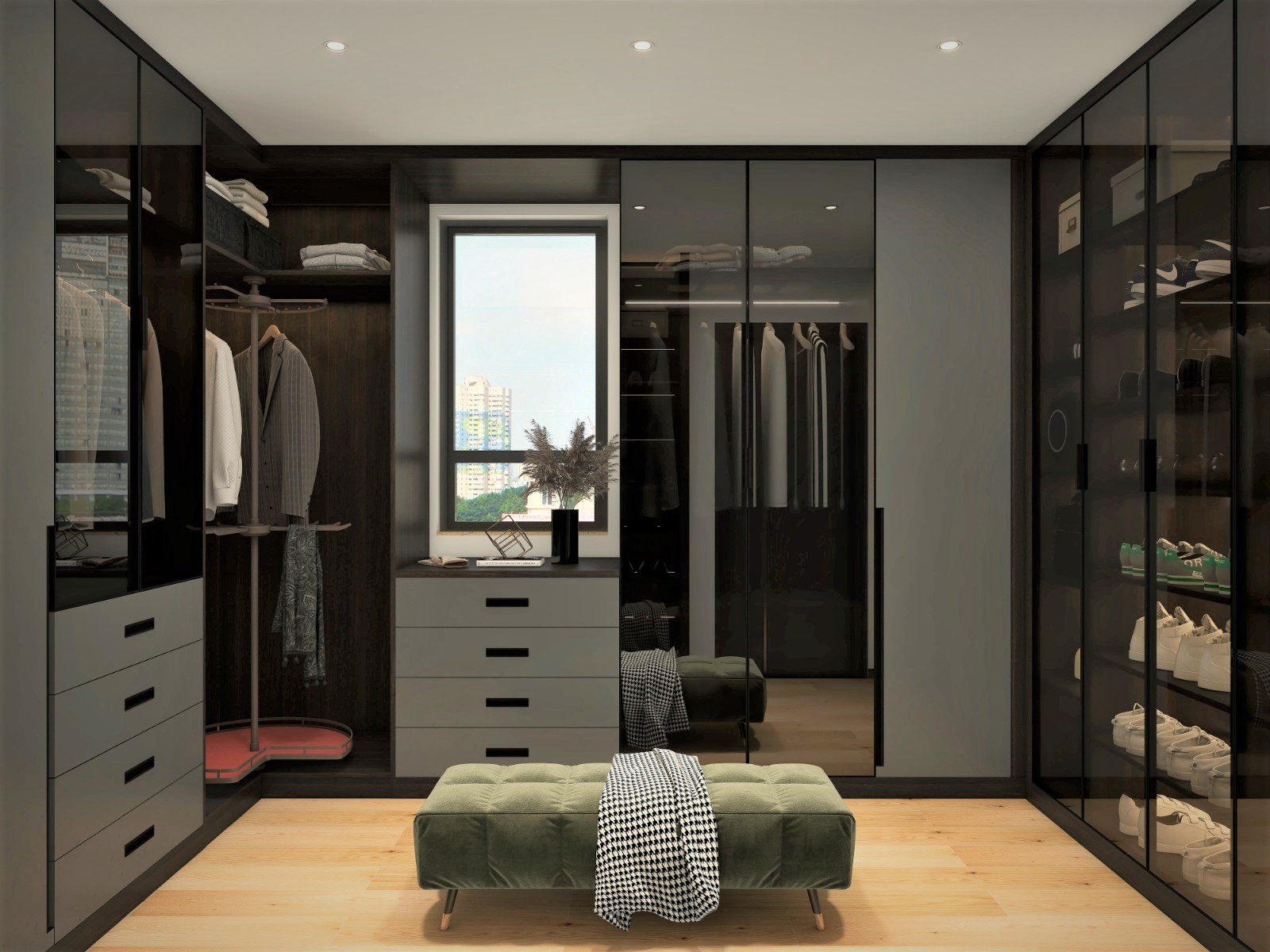 Modern Closet Design Black Framing Glass Doors