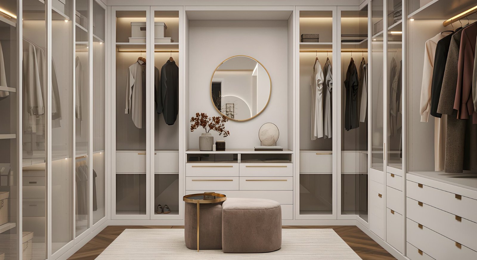 Walk In Closet Glass Doors White Color and Gold Hardware