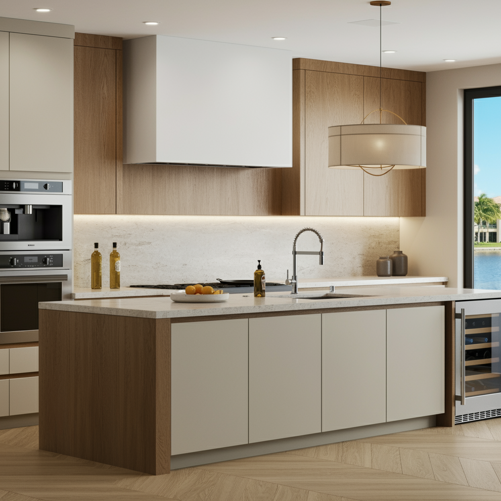 Cashmere and Oak Flat panel Doors Kitchen with Hood