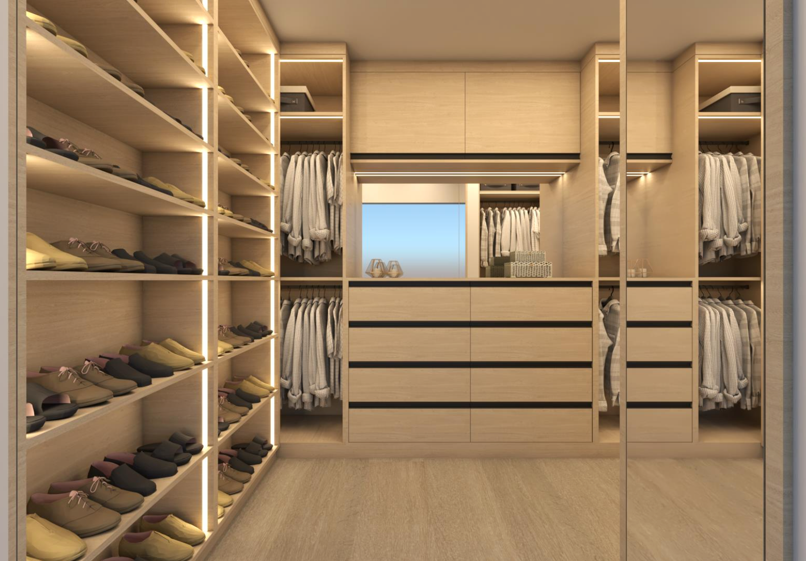 His Walk in Closet Design 3D Render photorealistic