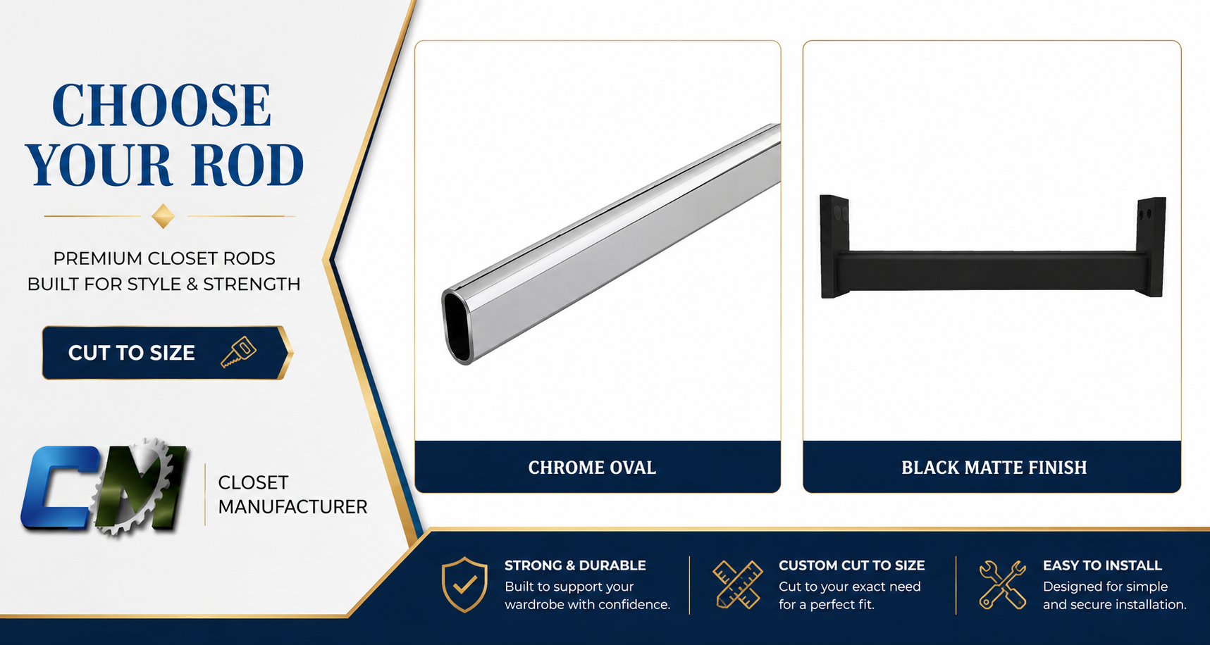 Choose your closet rod Chrome Oval or Black Choose your closet rod: Chrome Oval or Black Matte Finish